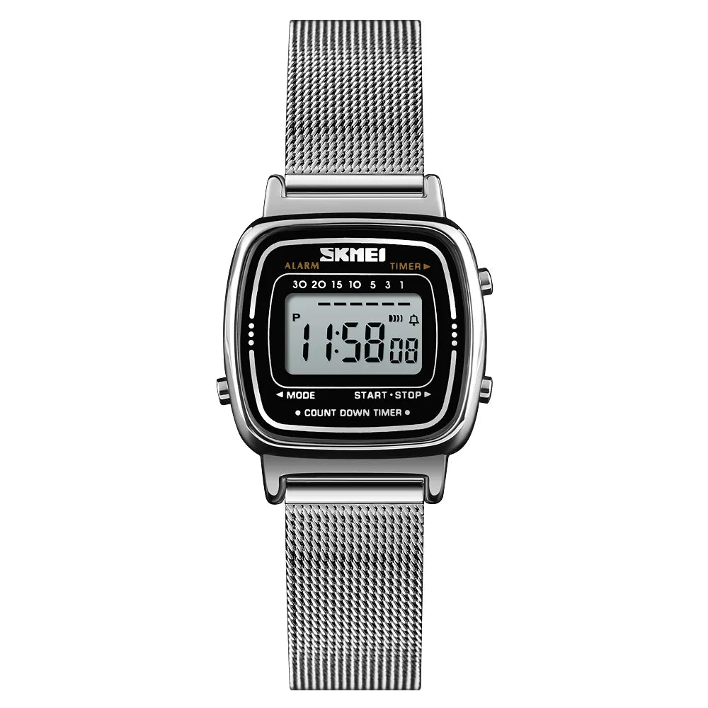 SKMEI 1901 Women Slim Retro Digital Watch - Silver Mesh
