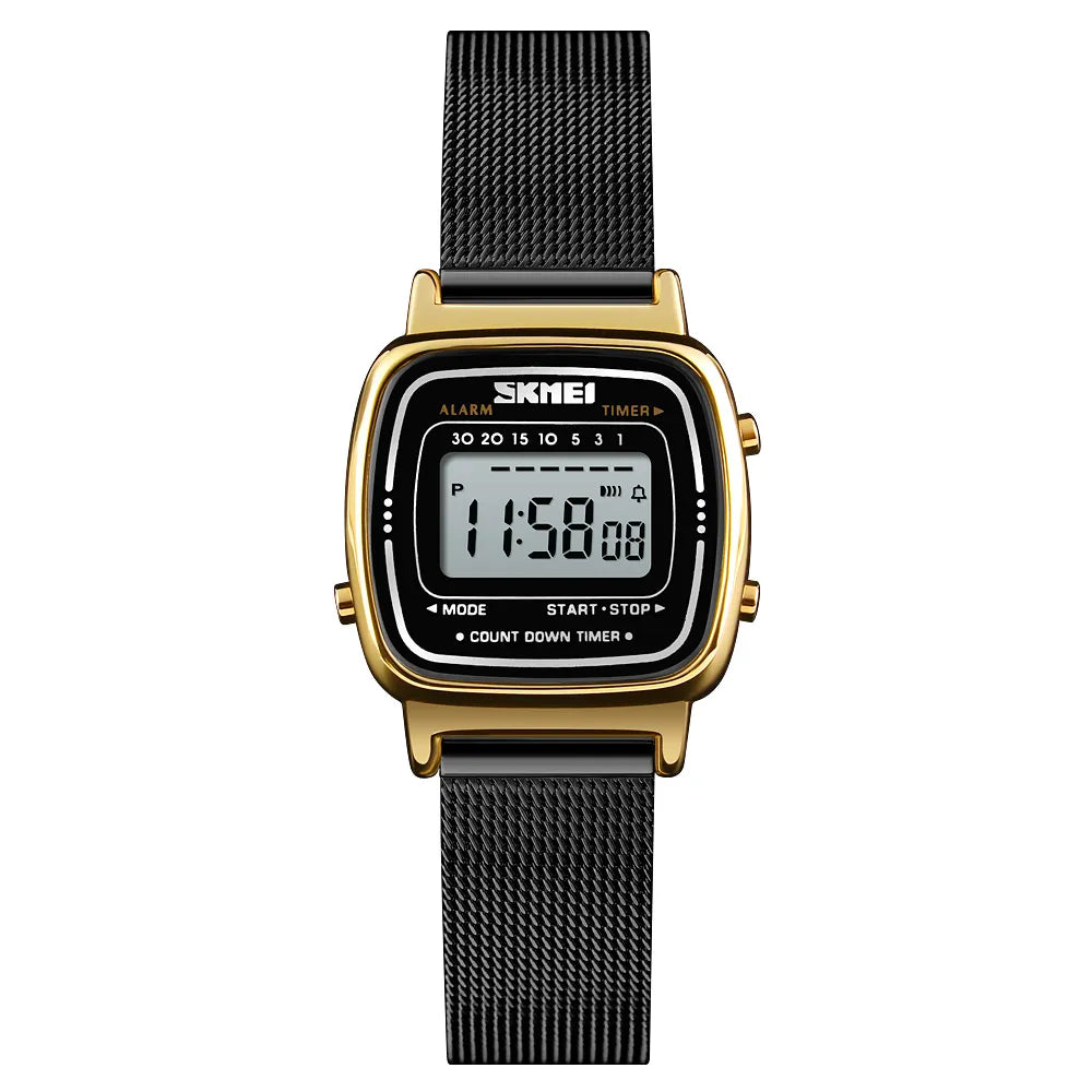 SKMEI 1901 Women Slim Retro Digital Watch - Gold case black mesh