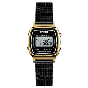 SKMEI 1901 Women Slim Retro Digital Watch - Gold case black mesh