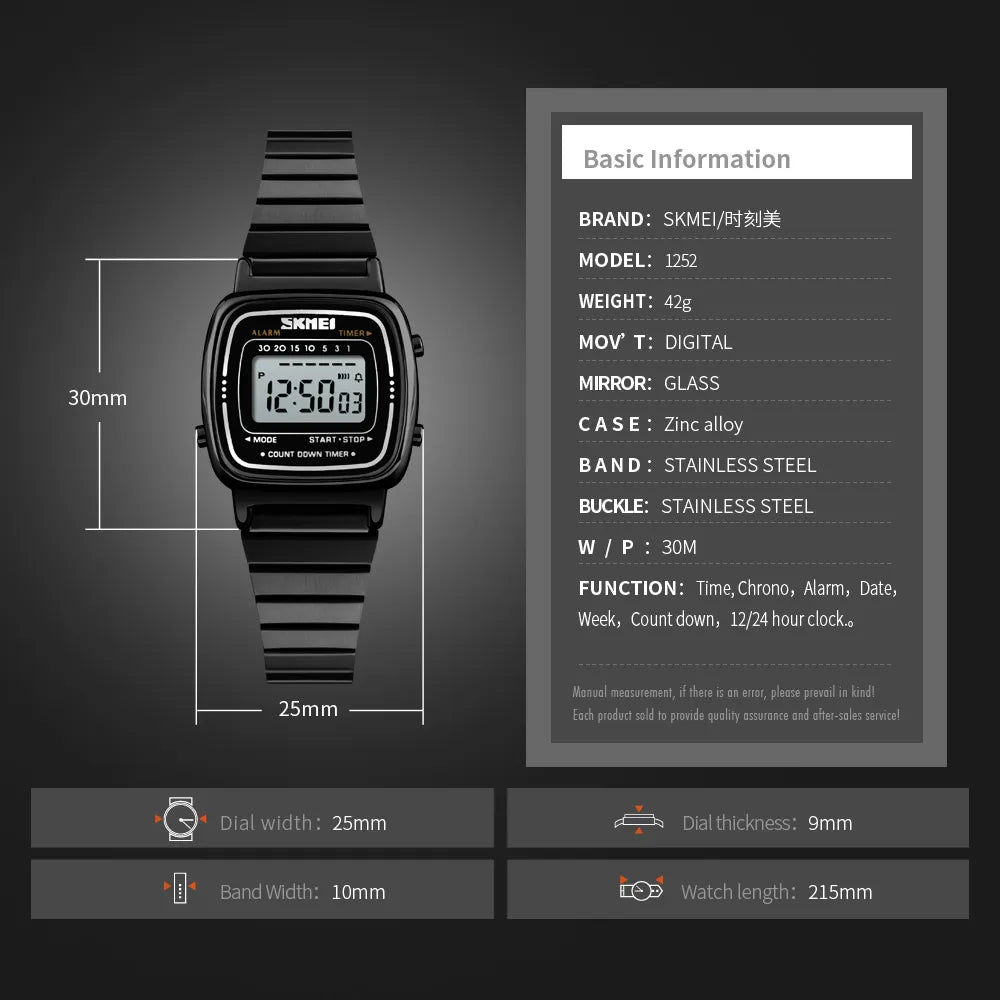 SKMEI 1901 Women Slim Retro Digital Watch - Black-Steel