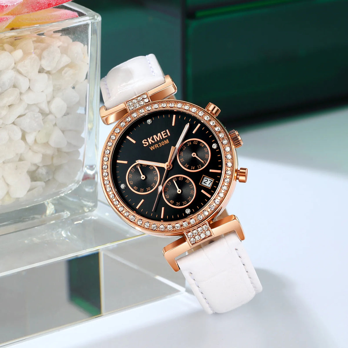 SKMEI 2089 Luxury Crystal Chronograph Ladies Watch - Rosegold/White