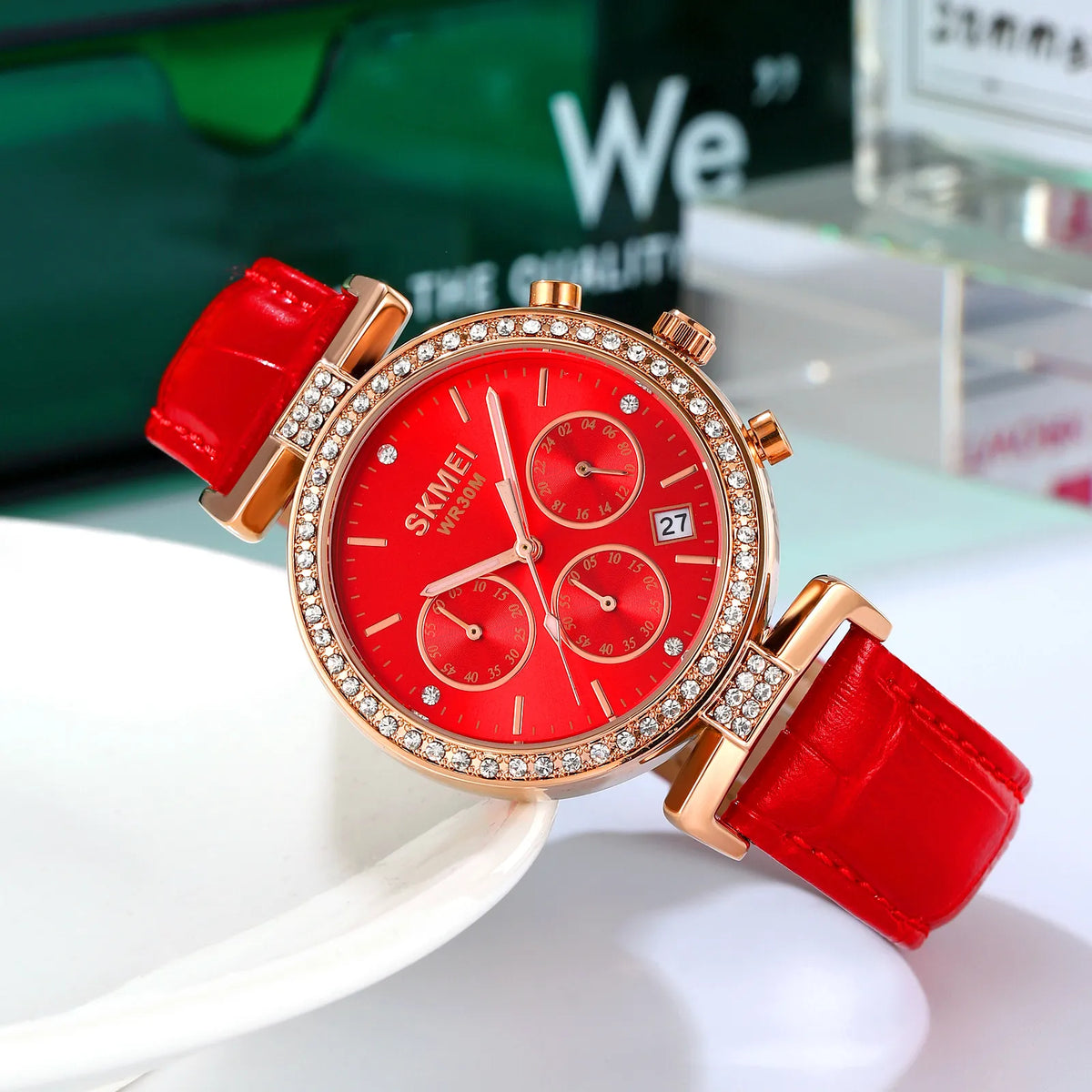 SKMEI 2089 Luxury Crystal Chronograph Ladies Watch - Rosegold/Red