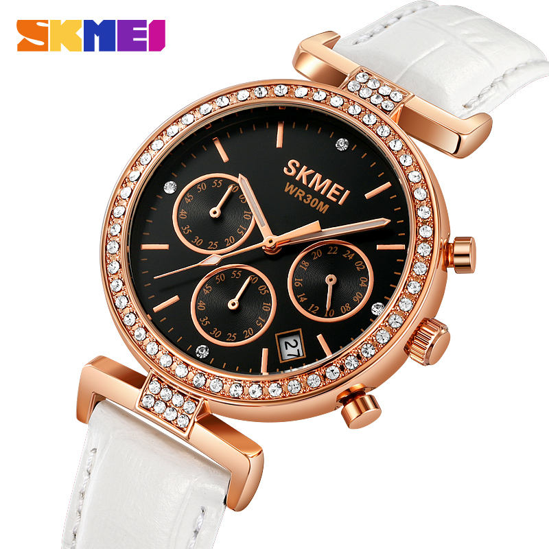 SKMEI 2089 Luxury Crystal Chronograph Ladies Watch - Rosegold/White