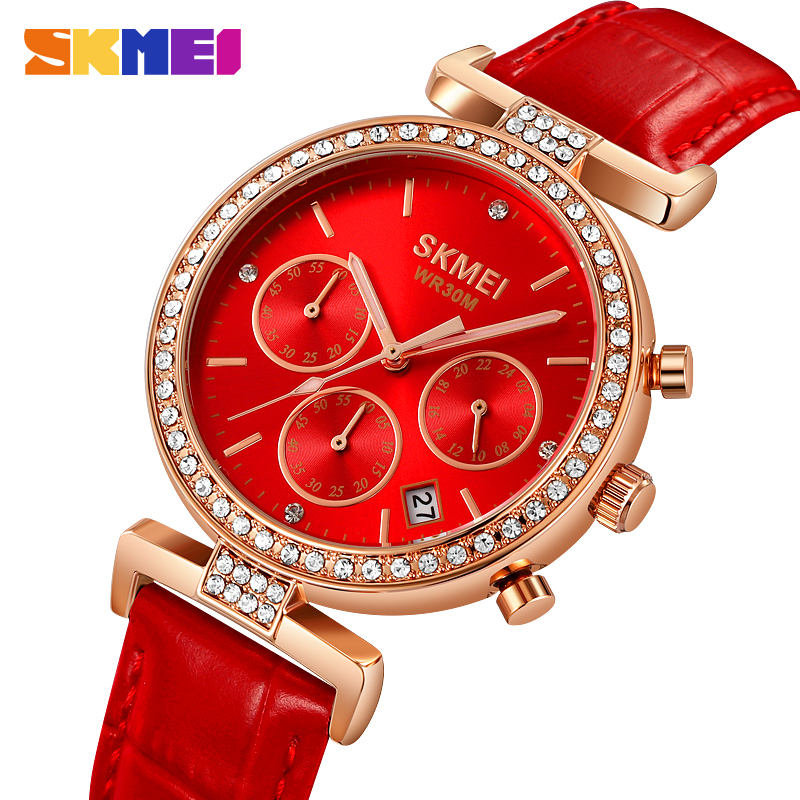 SKMEI 2089 Luxury Crystal Chronograph Ladies Watch - Rosegold/Red