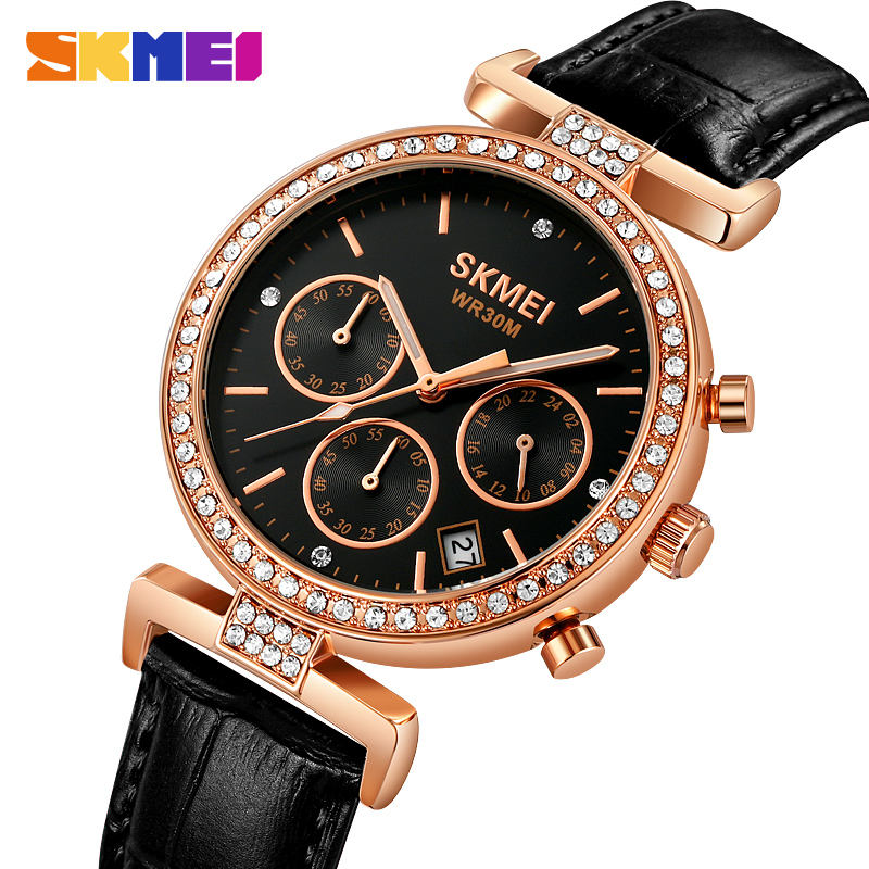 SKMEI 2089 Luxury Crystal Chronograph Ladies Watch - Rosegold/Black