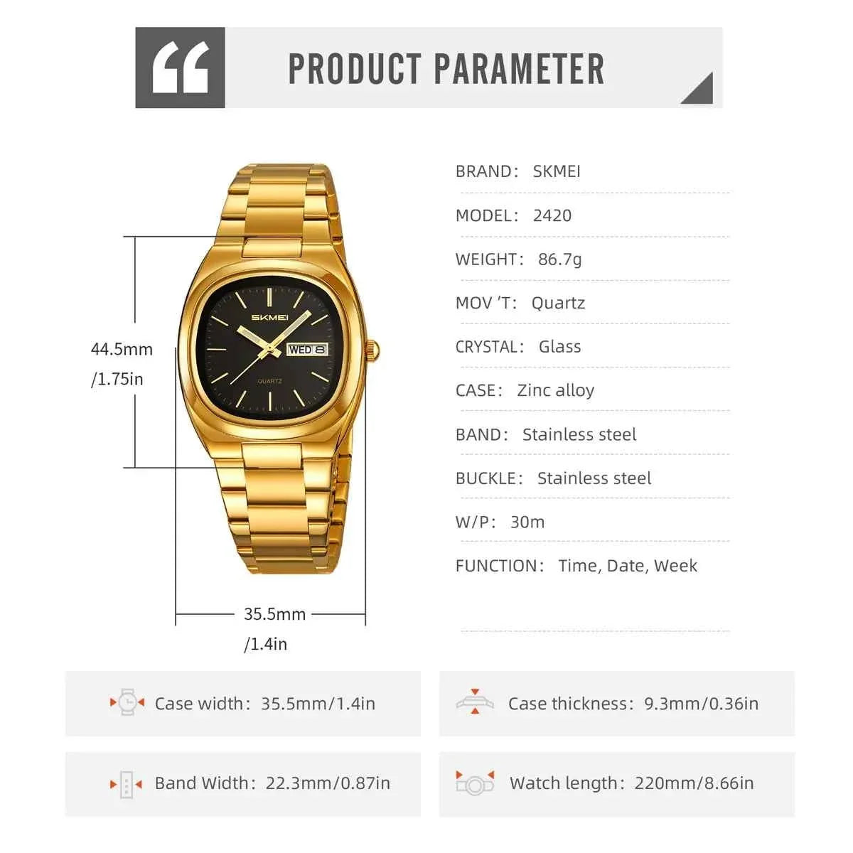 SKMEI 2420 Unisex Analog Quartz Day-Date Watch - Gold/Black