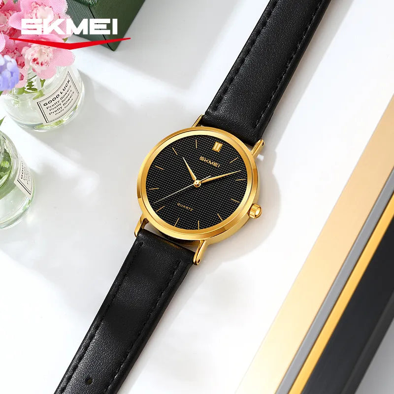 SKMEI 2568 Ladies Slim Leather Belt Watch - Gold/Black