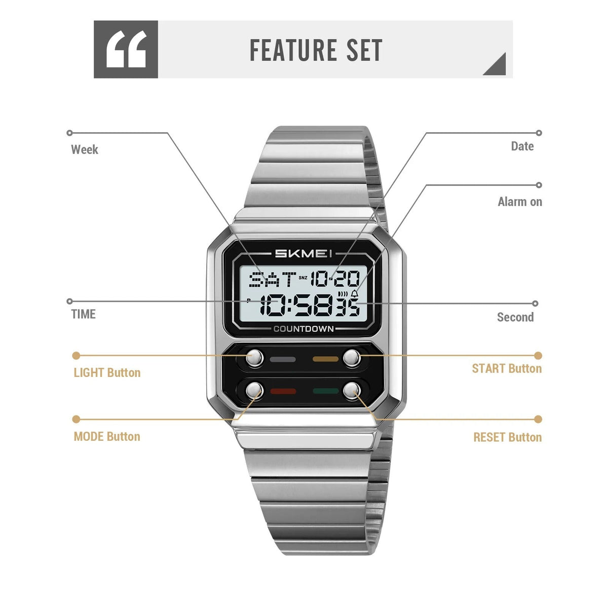 SKMEI 2448 Vintage Square Digital Stainless Steel Watch - silver-white image 4