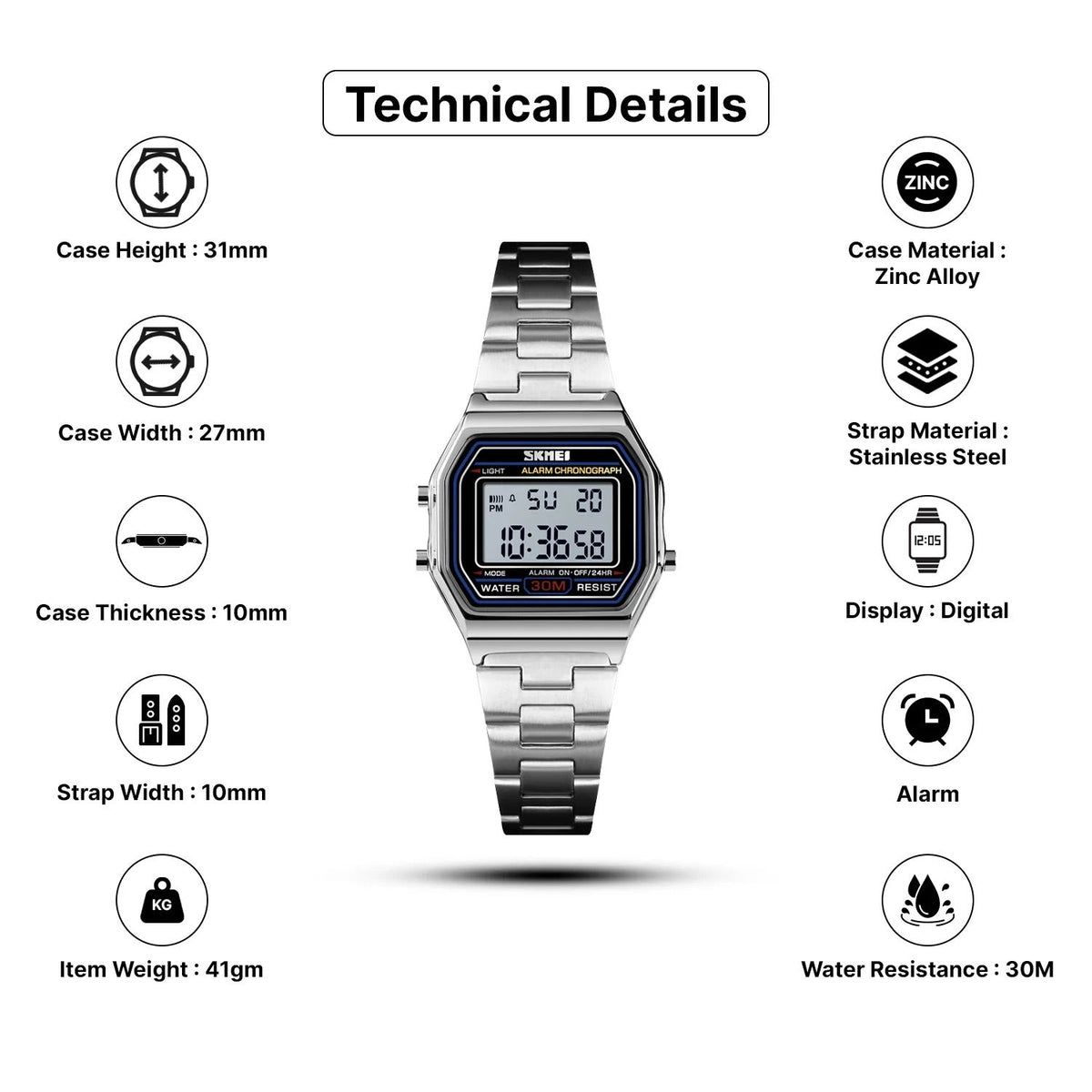 Skmei 1415 - Women Digital Stainless Steel Water Resistant - silver image 3