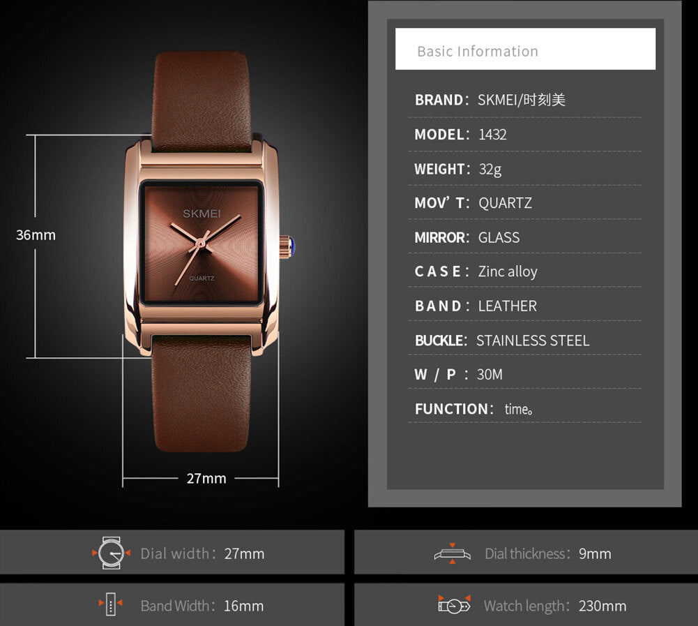 SKMEI - 1432 - Women Luxury Leather Quartz Watch - BROWN image 3