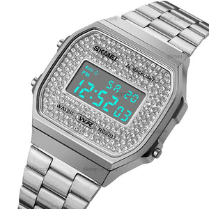 Skmei - 1808 - Women Shinning Diamonds Dial Chrono Watch - Silver image 3