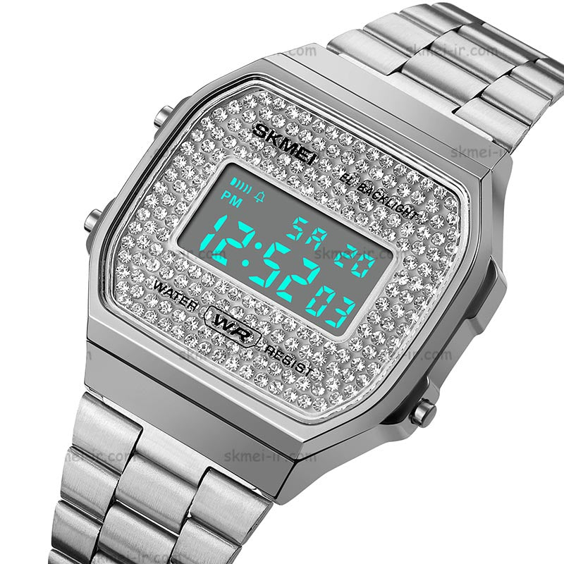 Skmei - 1808 - Women Shinning Diamonds Dial Chrono Watch - Silver image 3
