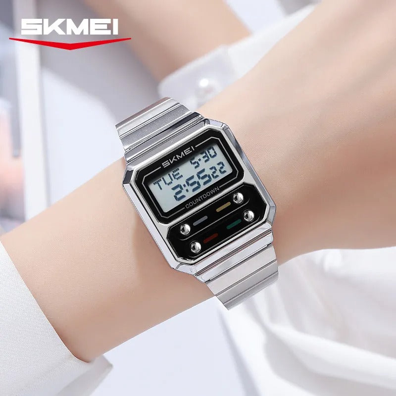 SKMEI 2448 Vintage Square Digital Stainless Steel Watch - silver-white image 2