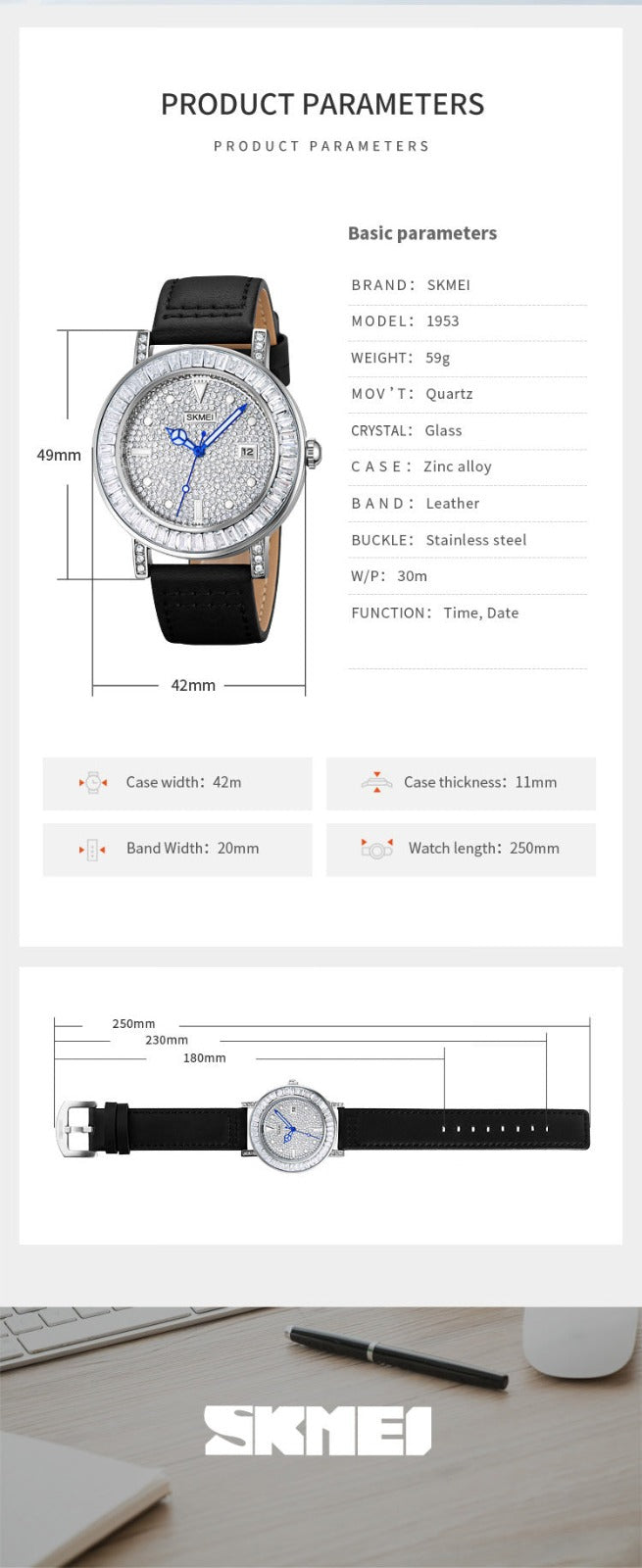 SKMEI - 1953 - Women Luxury Embossed Stone Diamond Quartz - Black image 9