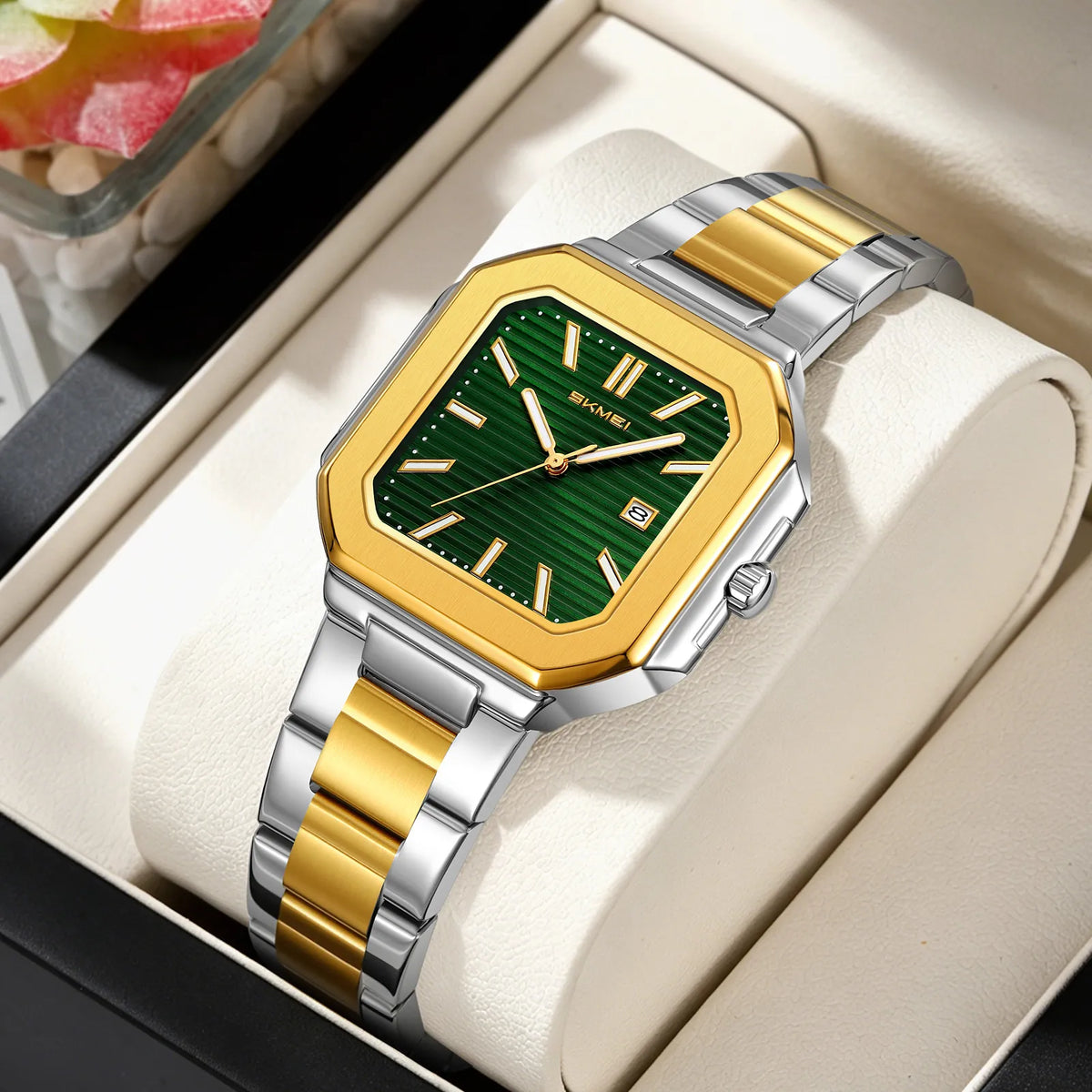 SKMEI 9398 Women Elegant Steel Quartz Watch - gold/silver-green(lady)