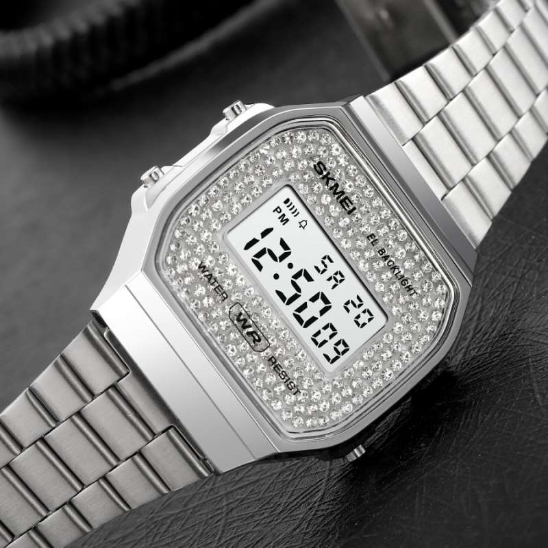 Skmei - 1808 - Women Shinning Diamonds Dial Chrono Watch - Silver image 1