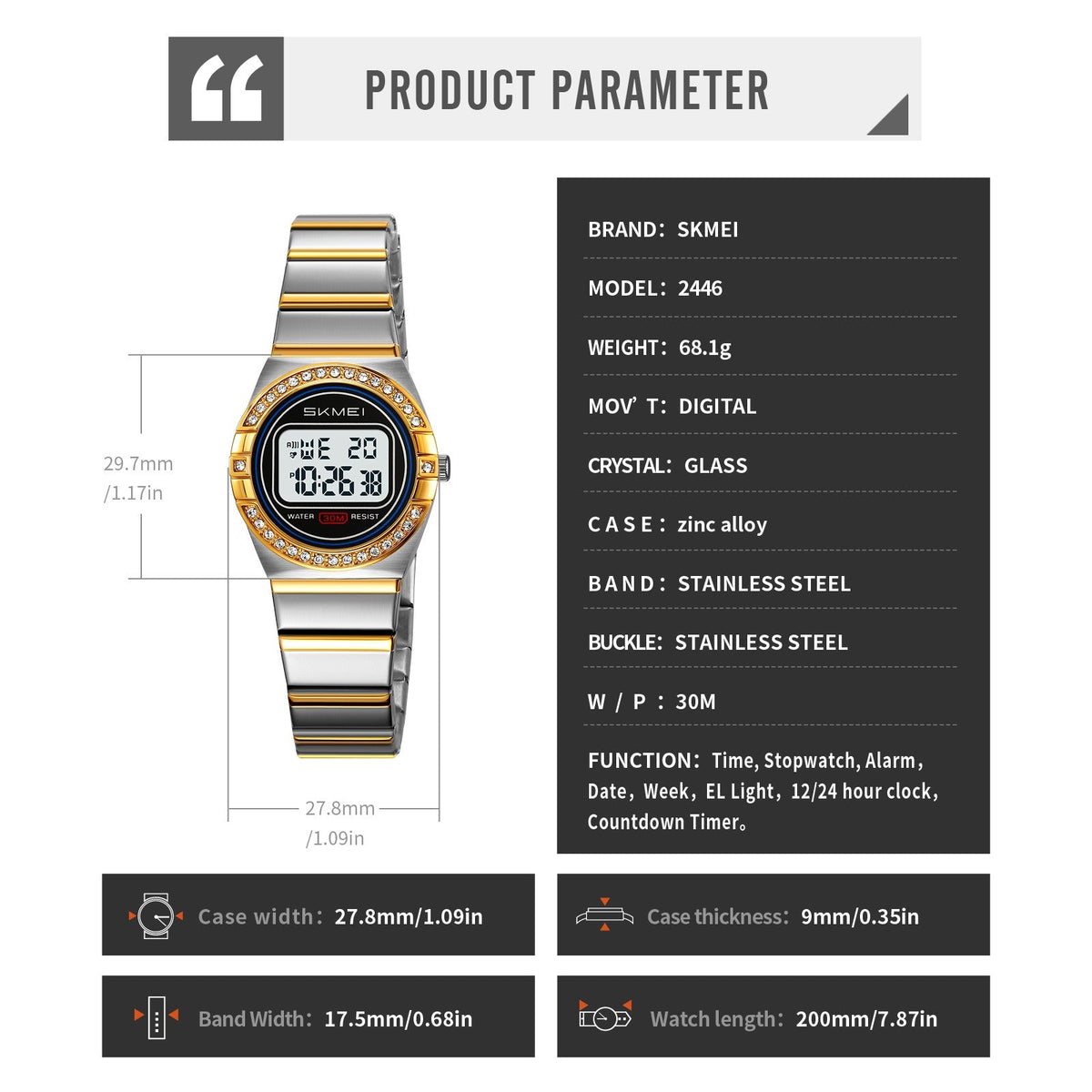 SKMEI - 2446 - Women Digital Stainless Steel Watch - gold/silver image 5