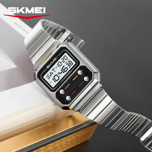 SKMEI 2448 Vintage Square Digital Stainless Steel Watch - silver-white image 3