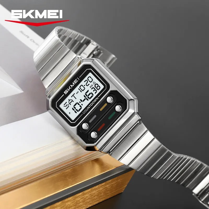 SKMEI 2448 Vintage Square Digital Stainless Steel Watch - silver-white image 3