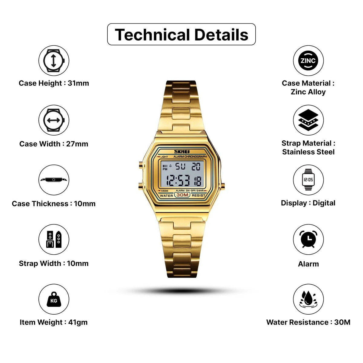 Skmei 1415 - Women Digital Stainless Steel Water Resistant - Gold image 6