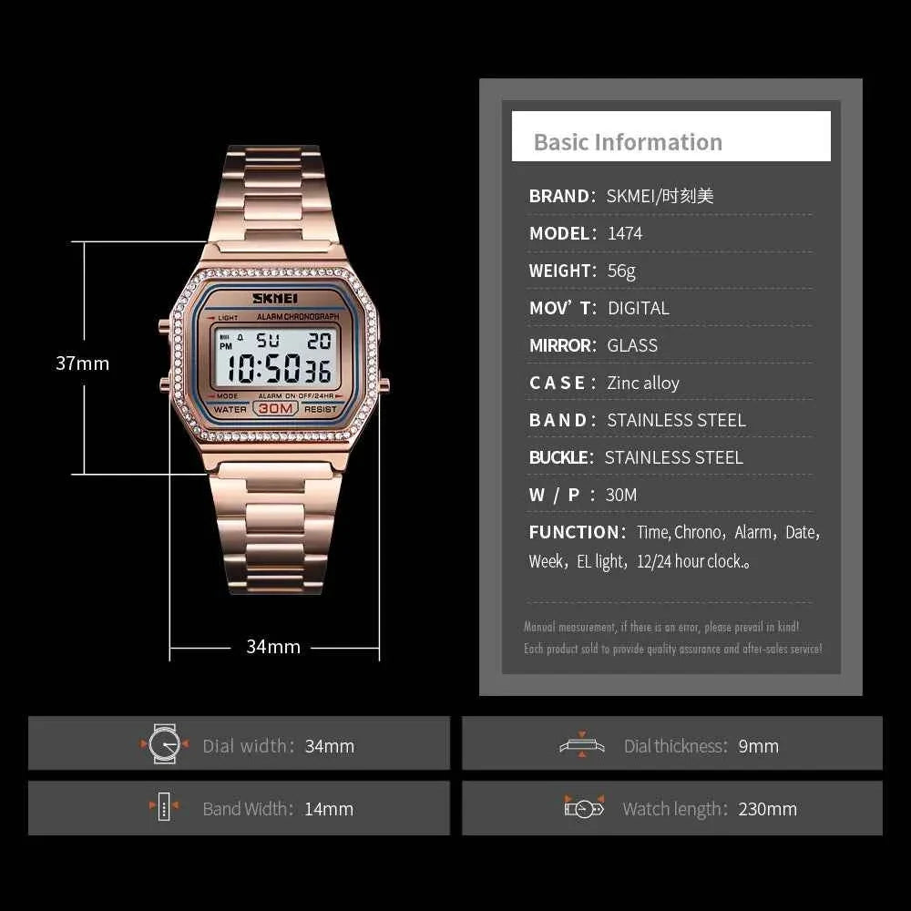 SKMEI 1474 Women Digital Stainless Steel Elegant Watch - RoseGold